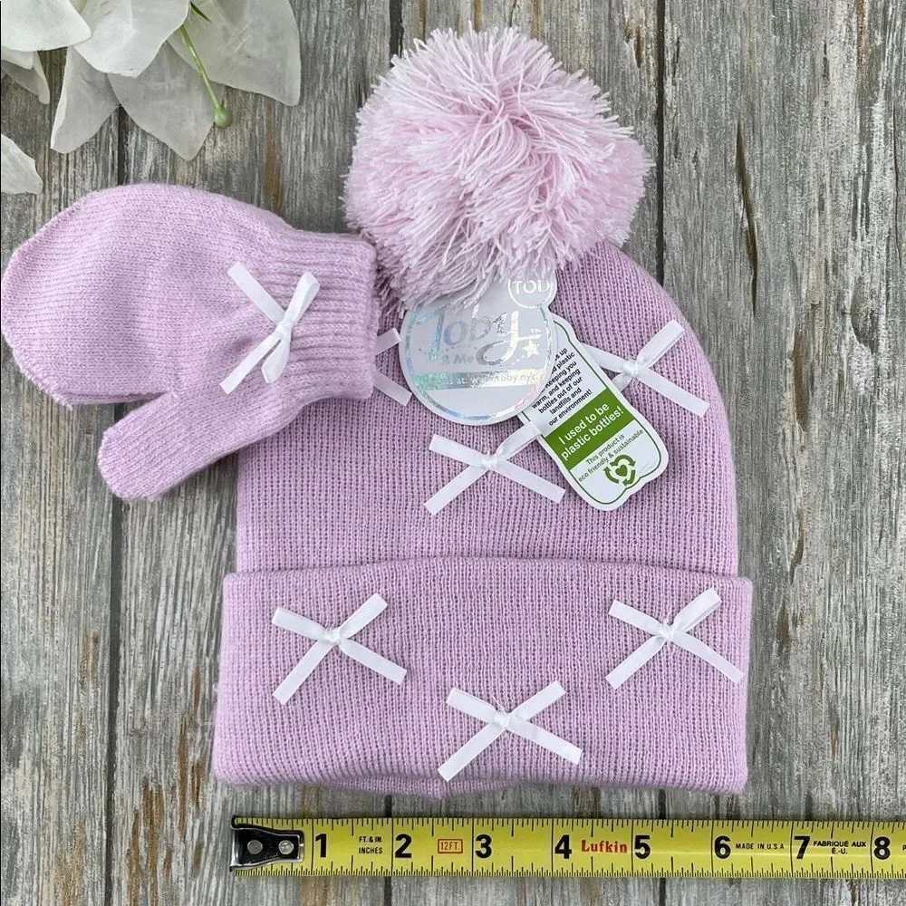 Toby & Me Pink Knit Hat With Pom-Pom & Mittens